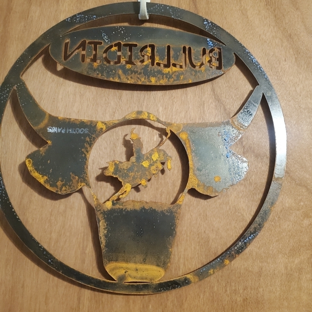Rustic Bullriding Metal Sign. Round Rustic. Western. Bull Cowboy Horse - Picture 5 of 6